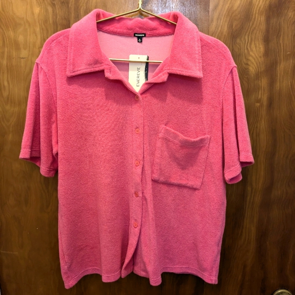 NWT Monroe M Azalea Pink Short Sleeve Button Down Terrycloth Pocket Shirt
